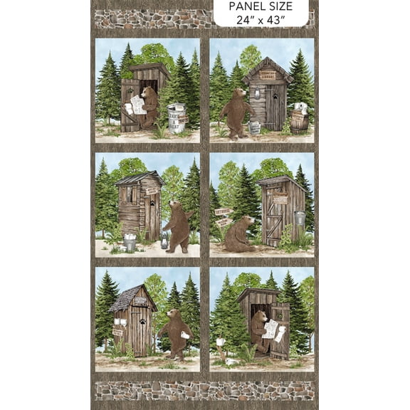 24" X 44" Panel Bear Necessities Bears Outhouses Wilderness Woods Trees Northcott Cotton Fabric Panel (28620-36)