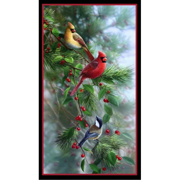 24" X 44" Panel Birds and Berries Christmas Winter Holiday Seasonal Holly Ivy Pines Needles Cones Trees Black Cotton Fabric Panel (40003BLACK)