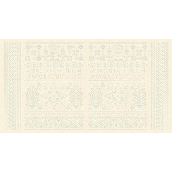 24" X 44" Panel Bluebird Cross Stitch Look Alphabet Designs Hearts Blue Thread Andover Fabrics Beige Cotton Fabric Panel (A-9850-B)