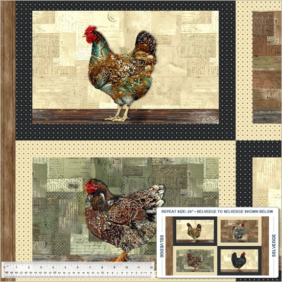 24" X 44" Panel Boho Chick Chicken Hen Farm Animal Windham Fabrics Cotton Fabric Panel (54560DP-1)