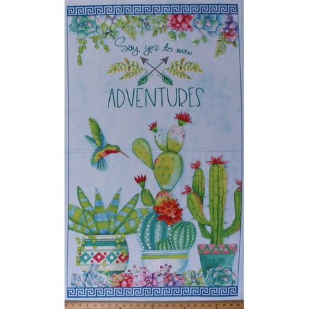 24" X 44" Panel Cacti Cactus Plants Southwest Succulents in Pots Hummingbird Cotton Fabric Panel (1665-473-33828)