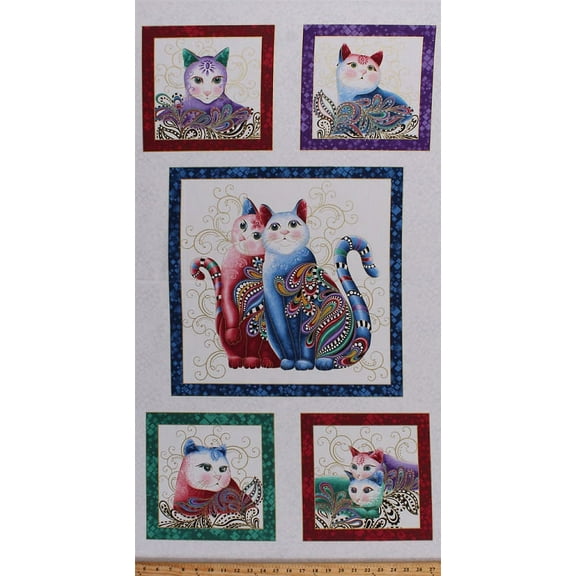 24" X 44" Panel Cats Cat Couples Sweethearts Blocks Frames Paisleys Swirls Multi-Color Animals with Gold Metallic Shimmer Whimsical Fancy Cat-i-tude Purrfect Together Cotton Fabric Panel (7550M-09)