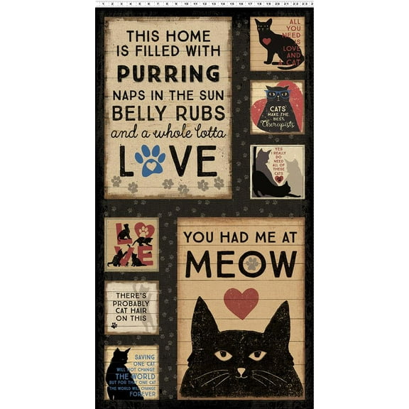 24" X 44" Panel Cats Pets Kittens Kitty Felines Animals Purrfection Black Cotton Fabric Panel (Y3972-3-BLACK)