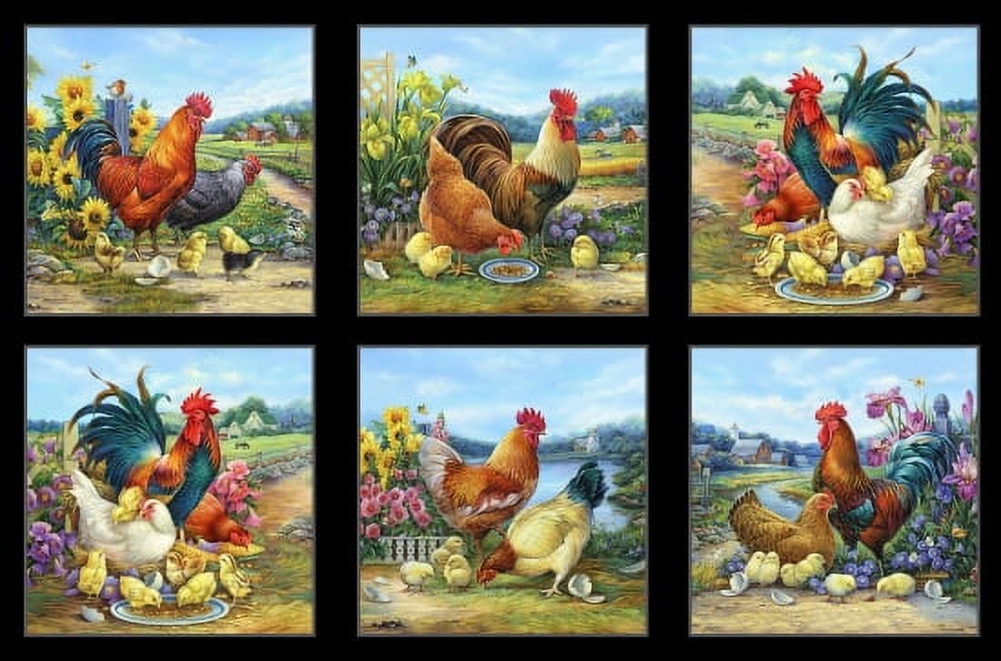 24" X 44" Panel Chickens Farm Roosters Animals Joyful Countryside Cotton Fabric Panel (9406BLACK)
