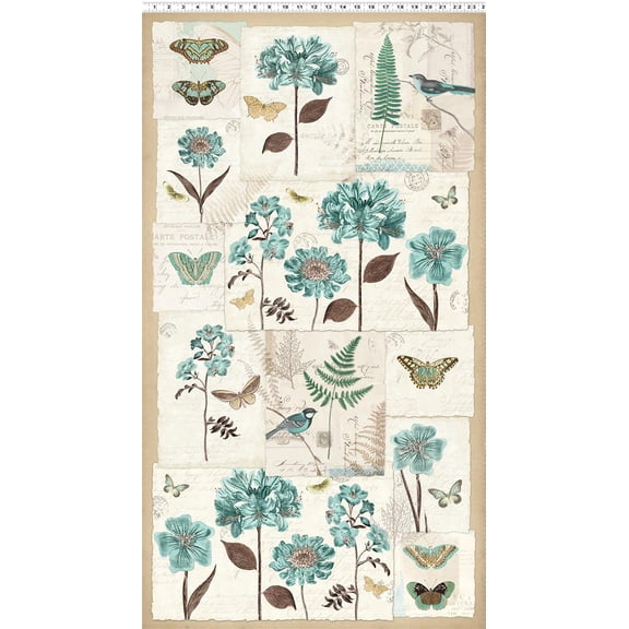 24" X 44" Panel Cotton En Bleu Antique Paper Writing Butterfly Butterflies Flowers Floral Cream Fabric Panel (Y4029-55-MULTICOLOR) by Clothworks