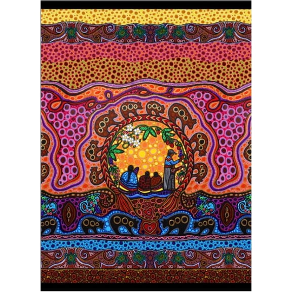 24" X 44" Panel Family Circle Generations Hand Painted Look Multi Elizabeth Studios Cotton Fabric Panel (39004MULTI)