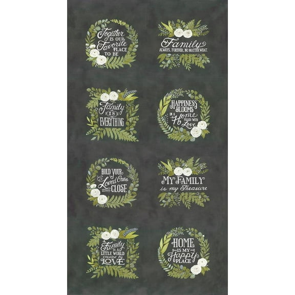 24" X 44" Panel Family Quotes Sayings Inspirational Love Happiness Blooms Deb Strain Black Cotton Fabric Panel (56050-13)