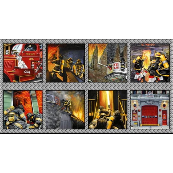 24" X 44" Panel Fire Alarm Firefighters First Responders Dalmatians Emergency Blank Quilting Cotton Fabric Panel (4103-90)