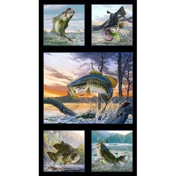 24" X 44" Panel Fishes Fishing Fisherman Fishermen Tight Lines Multicolor Cotton Fabric Panel (5021BLACK)