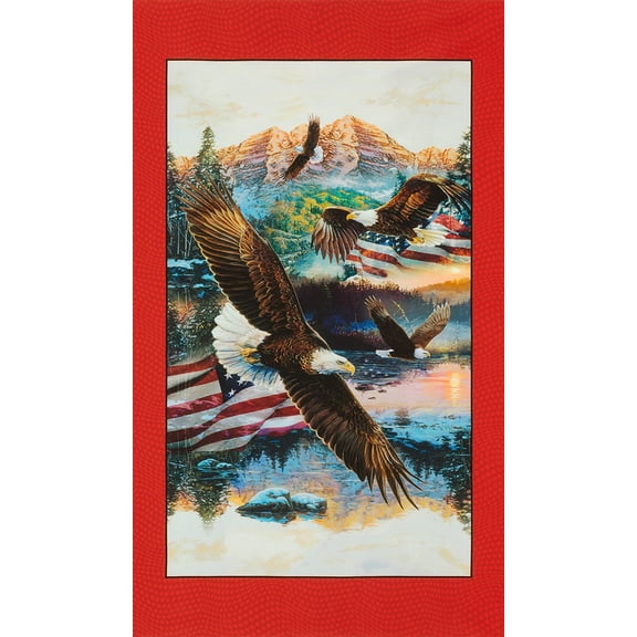 24" X 44" Panel Freedom Flight Bald Eagles Landscape Flags Patriotic Robert Kaufman Cotton Fabric Panel (AJQD-23383-3)