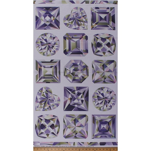 24" X 44 " Panel Gemstone Crystal Diamonds Jewels Hearts Squares Stars Facets White Cotton Fabric Print by the Yard (DP22669)