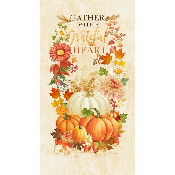 24" X 44" Panel Harvest Gather Thanksgiving Autumn Fall Pumpkin Leaves Timeless Treasures Cotton Fabric Panel (PANEL-CD3510-CREAM)