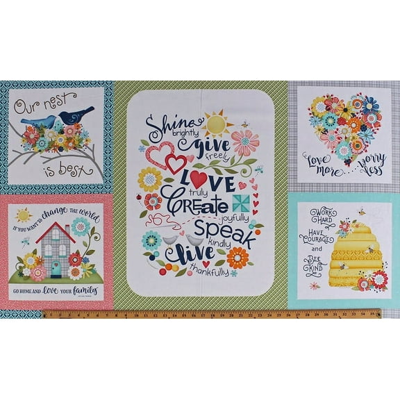24" X 44" Panel Home Grown Inspirational Quotes Sayings Honeybees Flowers Floral Hearts Birds Love Family Faith Nancy Halvorsen Multi-Color Blocks Cotton Fabric Panel (06801-99)