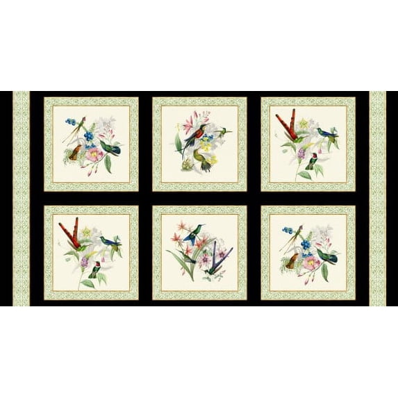24" X 44" Panel Hummingbird Heaven Hummingbirds Nature Animals Black Cotton Fabric Panel (M4914BLACK)