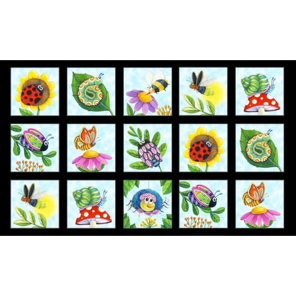 24" X 44" Panel Insects All Around Bugs Flowers Mushroom Nature Elizabeth Studios Cotton Fabric Panel (17008BLACK)