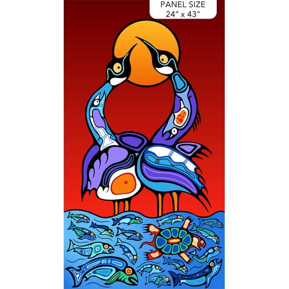 24" X 44" Panel Loons Birds Sacred Earth Loon Feature Panel Red Cotton Fabric Panel (27106-24)