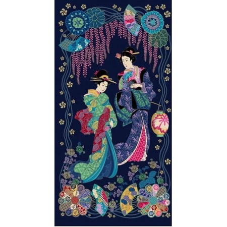 24" X 44" Panel Moonlit Kimono Geisha Kyoto Fans Cherry Blossoms Michael Miller Fabrics Cotton Fabric Panel (CM12667-NAVY)