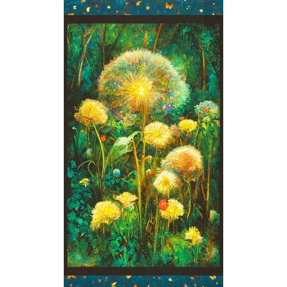 24" X 44" Panel Night Fable Dandelions Ladybugs Flowers Fantasy Cotton Fabric Panel (ADND-23254-238)