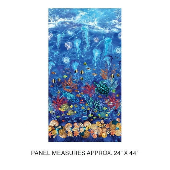 24" X 44" Panel Oceana Fish Ocean Sea Animals Jellyfish Turtles Seashells Coral Reef Blue Cotton Fabric Panel (12530-55)