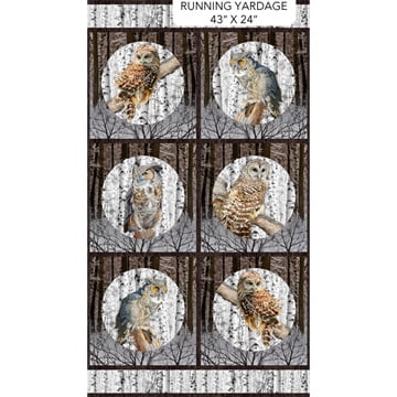 24" X 44" Panel Owls Snowy Winter Woods Forests Trees Naturescapes Solitude Northcott Dark Brown Cotton Fabric Panel (DP27181-66)