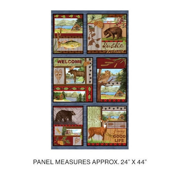 24" X 44" Panel Rustic Retreat Cabin Cottage Living the Good Life Bears Animals Deer Multicolor Cotton Fabric Panel (10330-99)