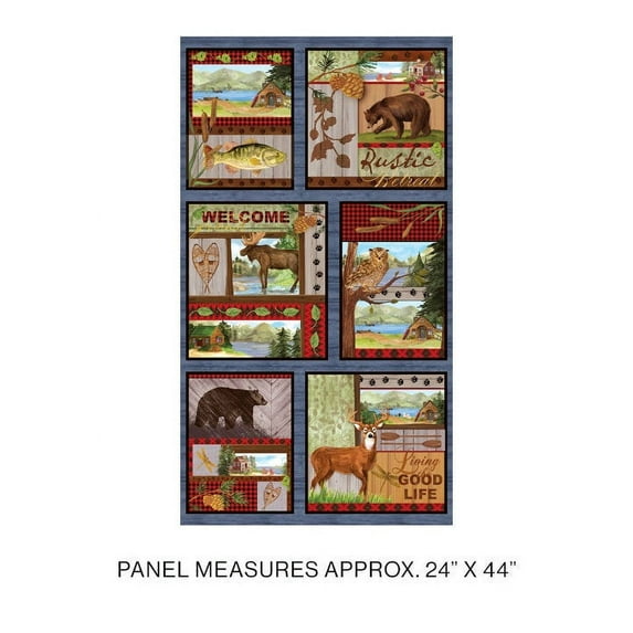 24" X 44" Panel Rustic Retreat Cabin Cottage Living the Good Life Bears Animals Deer Multicolor Cotton Fabric Panel (10330-99)