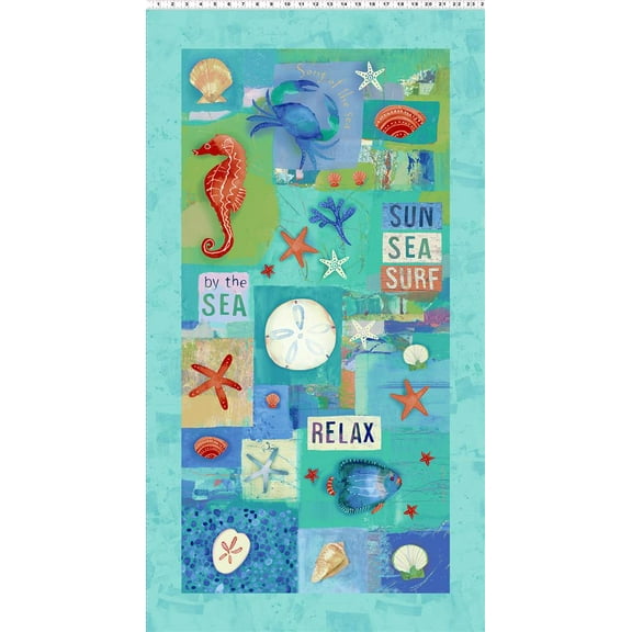 24" X 44" Panel Sanibel Beach Island Seashells Fish Ocean Blue Cotton Fabric Panel (Y3204-55)