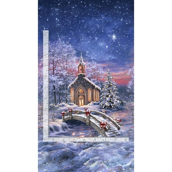 24" X 44" Panel Snowy Chapel Winter Christmas Tree Landscape Bridge Snow Timeless Treasures Cotton Fabric Panel (PANEL-CD3523-WINTER)