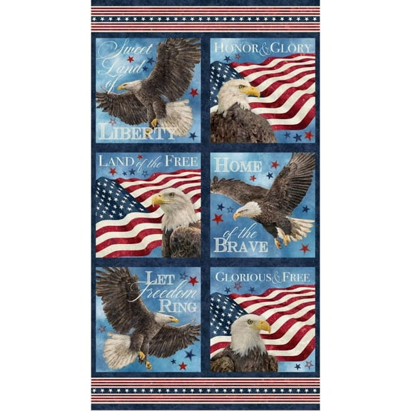 24" X 44" Panel Stars and Stripes Blocks 11" Squares USA Patriotic American Flag Bald Eagle Northcott Cotton Fabric Panel (DP27879-49)