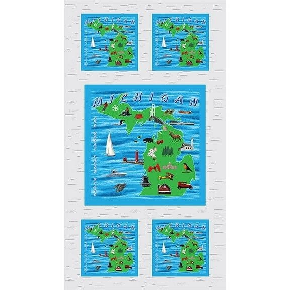 24" X 44" Panel State of Michigan Theme Landmarks Digital Print Cotton Fabric Panel (8406M-5D)