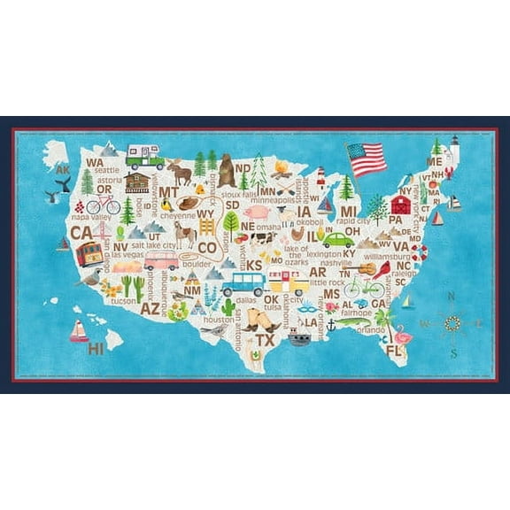 24" X 44" Panel Stateside United States of America USA Map Multicolor Cotton Fabric Panel (2122P-75)