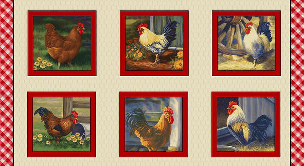 24" X 44" Panel The Chicken Club Chickens Animals Pets Farm Roosters Cotton Fabric Panel (7416P-48)
