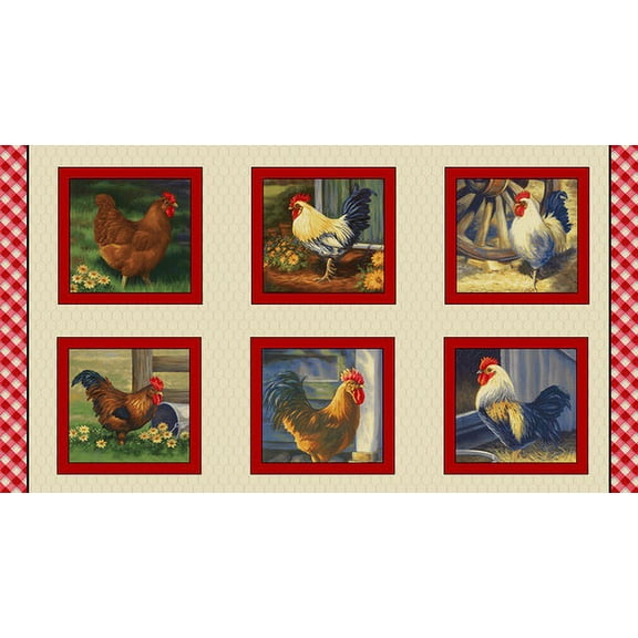 24" X 44" Panel The Chicken Club Chickens Animals Pets Farm Roosters Cotton Fabric Panel (7416P-48)