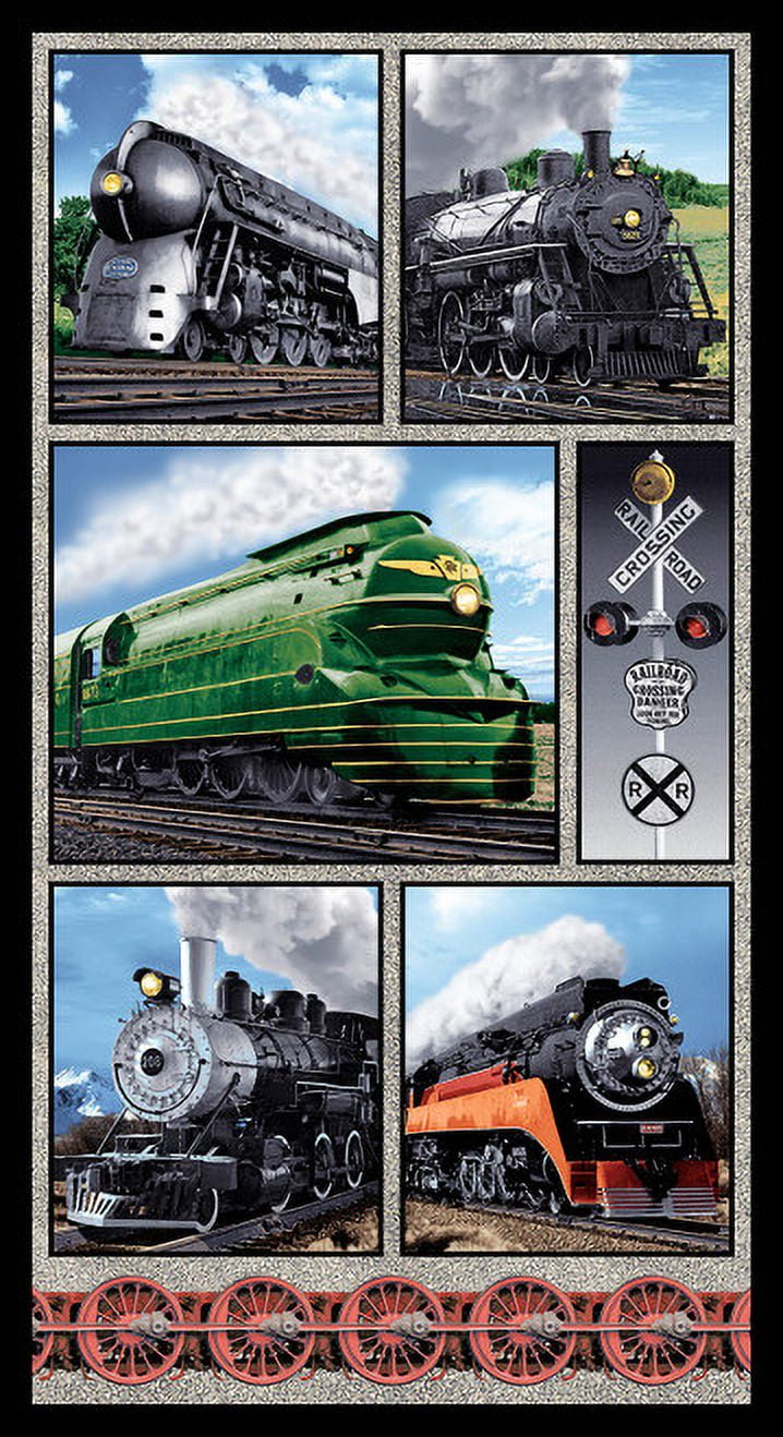 Vintage Train Locomotives Quilted Cotton Fabric Panel 24" x 44"
