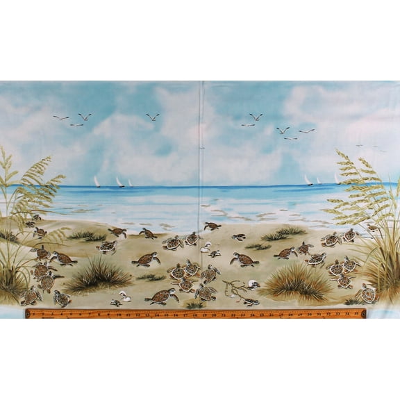 24" X 44" Panel Turtle March Beach Oceanfront Seaside Sea Turtles Animals Sand Hatching Landscape Blue Cotton Fabric Panel (1147P-11)