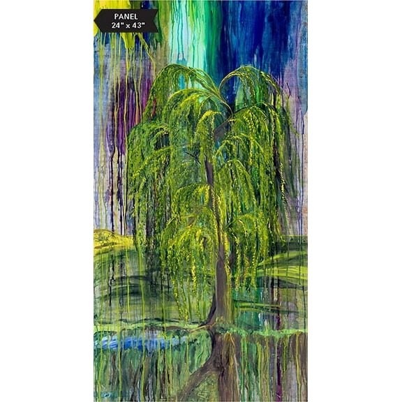 24" X 44" Panel Weeping Willow Tree Painted-Look Zen Garden Green Cotton Fabric Panel (40037-73)