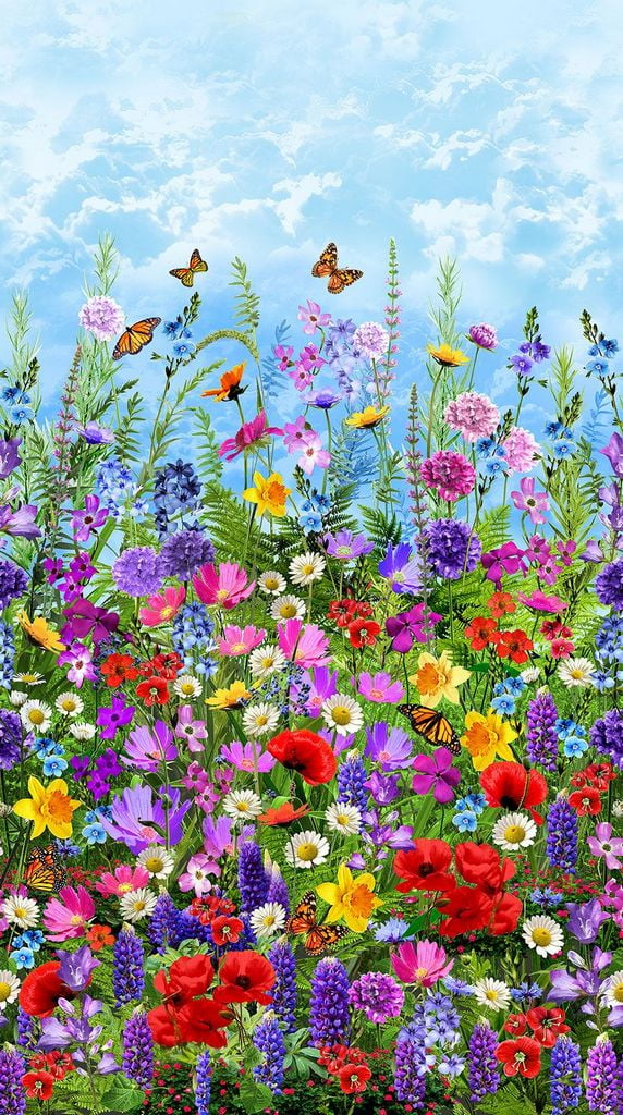 24" x 44" Blue Floral Cotton Fabric Panel with Butterflies