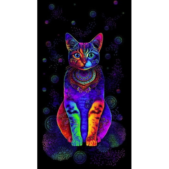 24" X 44" Panel Wildcat Cats Kittens Kitty Animals Pets Colorful Rainbow Black Cotton Fabric Panel (PANEL-CD3030-BLACK)