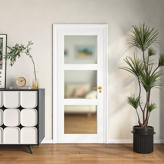24" X 80"3-Lite Glass Door,Preassembled Frosted Glass French Door,MDF Wood Panel,for Utility Room Pantry Closet Laundry Room, Bathroom,w/o Hardware,White