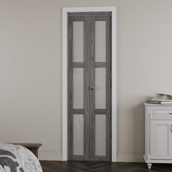 24" X 80" 3-Lite Glass Door Solid Manufactured Wood Ancient Wood Color Bi-Fold Door With Installation Hardware