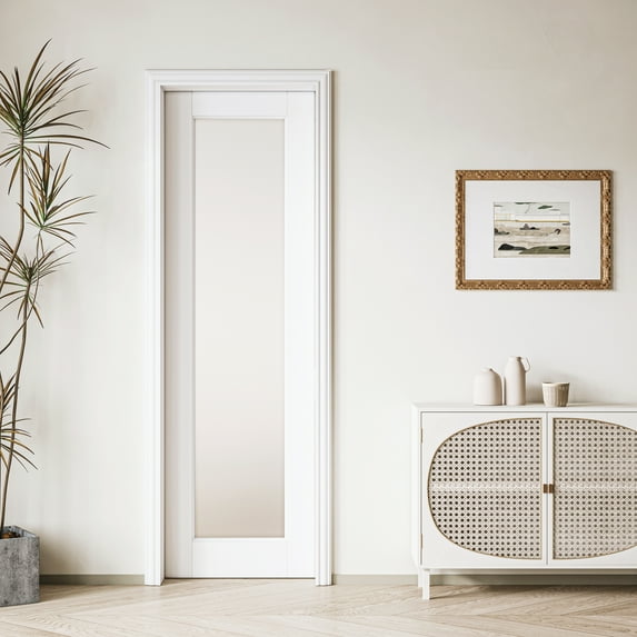 24" X 80" Frosted Glass 1-Lite Sliding Pocket Door White Standard Door with Hardware Kit Set