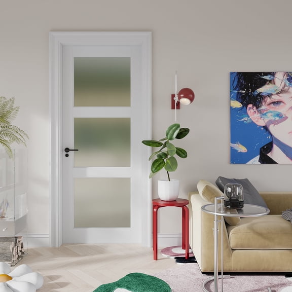 24" x 80" 3-Lite Frosted Glass Interior Door Slab, Tempered Privacy White Primed Shaker Door for Bathroom Bedroom Closet, DIY Paintable w/o Hardware