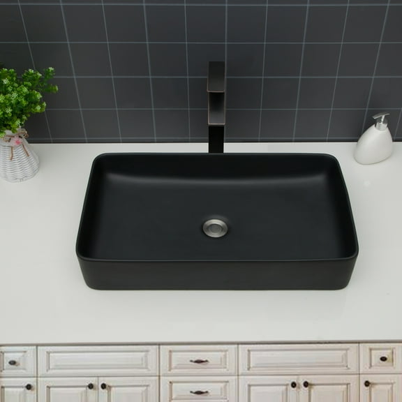 24"X13.5" Black Ceramic Rectangular Vessel Bathroom Sink,Black Ceramic Bath Faucets Bathroom Vanities