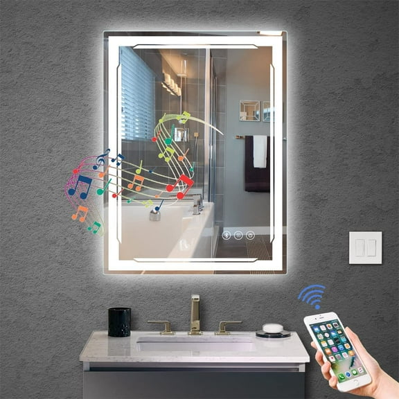24''X32'' LED Bathroom Mirror with Lights, Built-in Bluetooth Speaker, Anti-Fog Dimmable 3 Lights Setting Backlit + Front Lit, Lighted Vanity Makeup Wall Mirrors, Shatter-Proof IP65 Waterproof