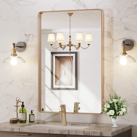 24”X36” Gold Bathroom Mirror, Rounded Rectangle Gold Frame Mirror, Brushed Gold Bathroom Vanity Mirror Wall-Mounted, Anti-Rust, Hangs Horizontally or Vertically