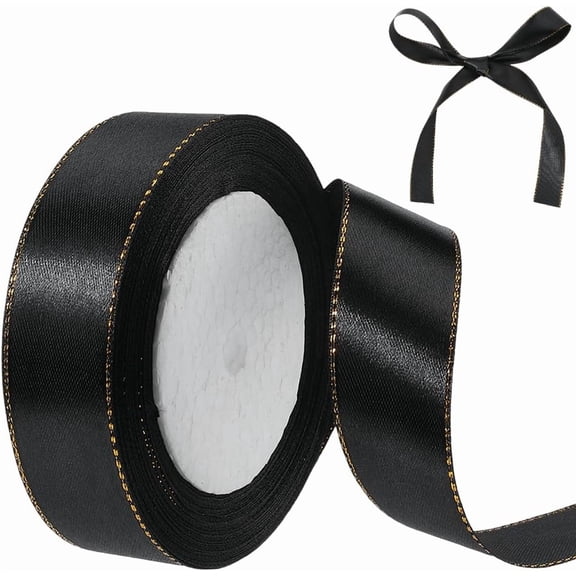 24 Yards 1 Inch Black Ribbon with Gold Trim Polyester Metallic Silk Double Golden Edge Border Satin Fabric Ribbons Bulk Roll Craft Supply