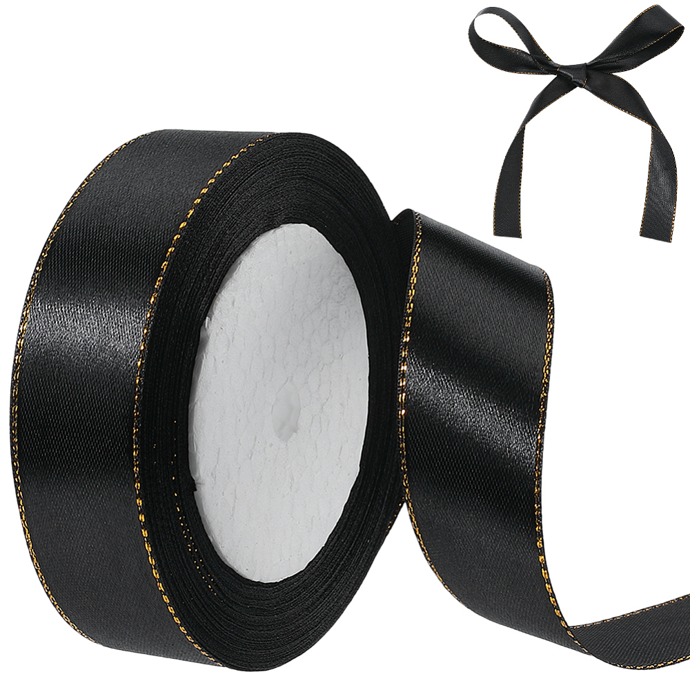 24 Yards 1 Inch Black Ribbon with Gold Trim Polyester Metallic Silk ...