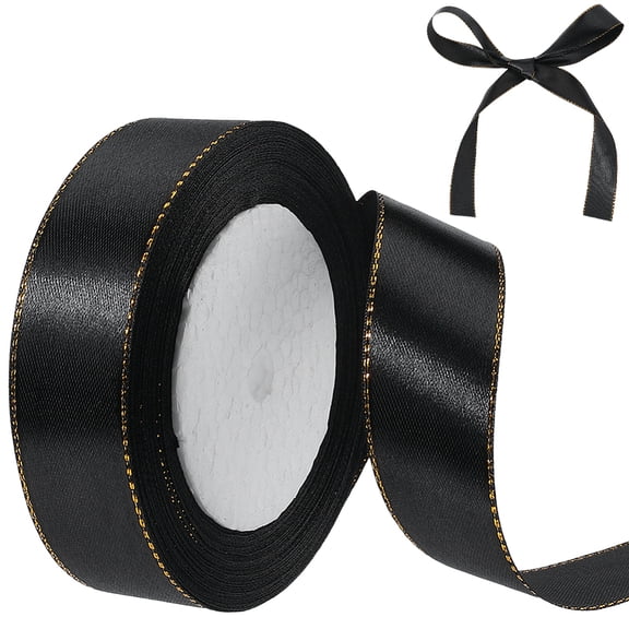 24 Yards 1 Inch Black Ribbon with Gold Trim Polyester Metallic Silk Double Golden Edge Border Satin Fabric Ribbons Bulk Roll