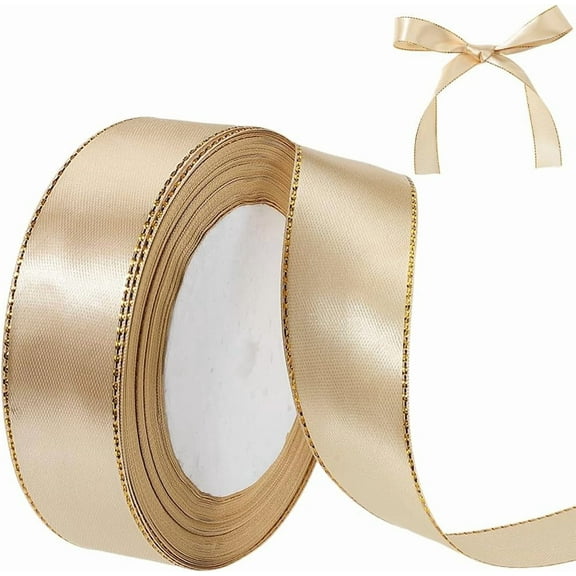 24 Yards 1 Inch Champagne Satin Ribbon with Gold Edge Polyester Silk Metallic Double Golden Trim Border Fabric Ribbons Bulk for Sewing Making Crafts Wedding Home Decor Gift Wrapping Supply