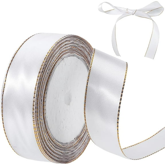 24 Yards 1 Inch White Ribbon with Gold Edge Polyester Metallic Silk Double Golden Border Trim Satin Fabric Ribbons Bulk for Sewing Making Crafts Gift Wrapping Wreaths Home Decor DIY Supply White
